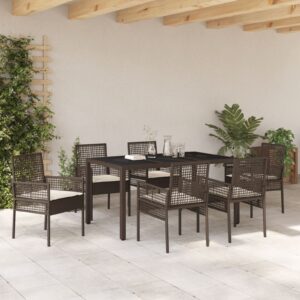 Set de dining pentru grădină de 7 piese cu perne din poliratan maro