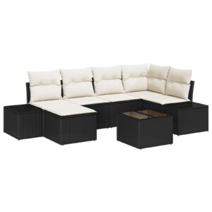 Set de canapea de grădină  Set de 7 Negru și crem Ratan, poliester