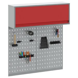 Set de dulap cu unelte și panou cu cârlige  3 piese montat pe perete Metal roșu