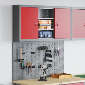 Set de dulap de unelte și panou de prindere  3 piese montat pe perete roșu metalic