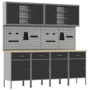 Set de dulap de lucru și panou cu cârlige  10 piese Negru MDF și metal