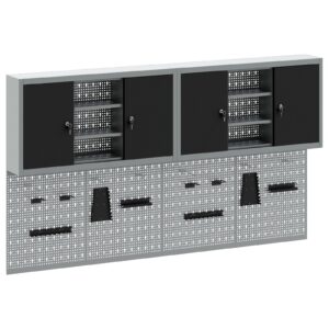 Set de dulap pentru unelte și panou de prindere de 4 piese, montat pe perete, metal negru