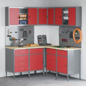 Set de dulap și perete de agățat cu 12 piese Roșu din MDF și Metal