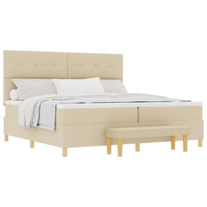 Pat Box Spring cu Saltea și Bancă Crem 200x200 cm Țesătură