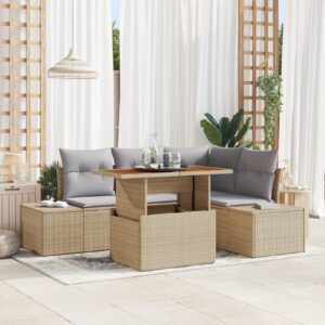 Set Sofa Grădină  5 Piese Bej, Gri Ratan Poly, Perne Masă Grădină