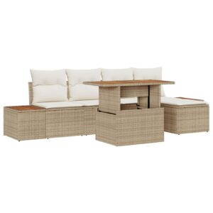 Set Sofa Grădină  6 Piese Bej, Crem Poli Ratan, Pernițe Poliester