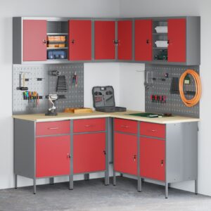 Set de 12 piese pentru birou și tablă de agățat  Roșu MDF și metal