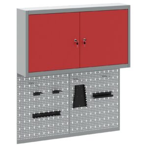 Set de dulap de unelte și tablă de pegar cu 3 piese, montat pe perete, metal roșu
