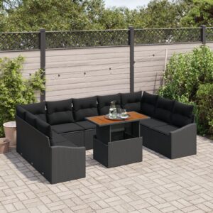 Set Canapea Grădină  10 Piese Negru și Maro Ratan și Lemn