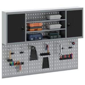 Set de dulap de unelte și panou de prindere , 6 piese, montat pe perete, metal negru