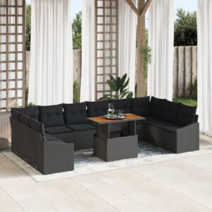 Set de Sofa pentru Grădină  Set de 11 Negru Ratan, Blat din lemn