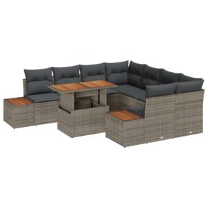 Set Canapea Grădină 9 Piese Gri Ratan și Lemn Set Canapea Grădină