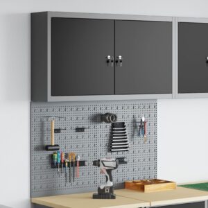 Set de cabinet pentru unelte și panou cu cârlige  3 piese montat pe perete din metal negru