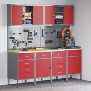 Set de dulap pentru lucru și panou cu cârlige , 10 piese, Roșu din MDF și Metal