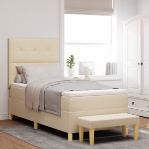 Pat box spring  cu saltea și bancă crem 100x200 cm din țesătură