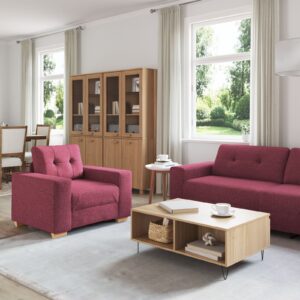 Set de canapea de 3 piese cu perne, roșu vin, din material textil