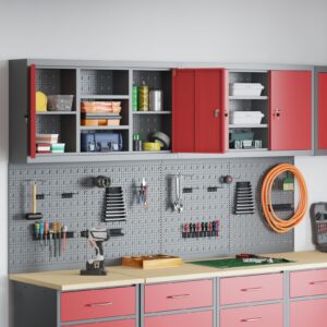Set de cabinet și tablă de instrumente , 4 piese, montat pe perete, metal roșu