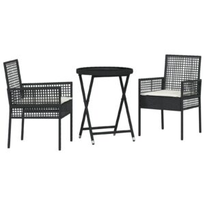 Set de Bistro pentru Grădină cu 3 Piese și Perne Negru Poly Rattan