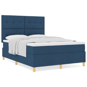 Pat Box Spring  cu Saltea Albastru 140x190 cm Material Textil