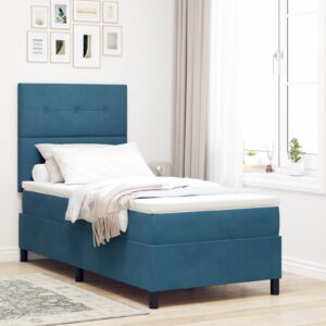 Rame de Pat Box Spring  cu Saltea Albastră Întunecată Unică din Catifea