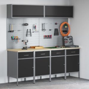 Set de birou și panou cu cârlige, 10 piese, Negru MDF și metal