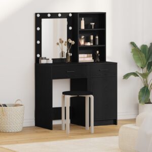 Set de oglindă de toaletă 2 piese cu LED Negru din lemn prelucrat