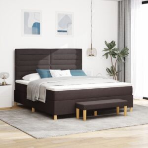 Pat Box Spring cu Saltea și Bancă Maro Întunecat 180x200 cm Fabric