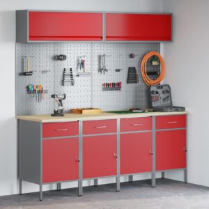 Set de Birou și Panou cu 10 Piese  Roșu MDF și Metal