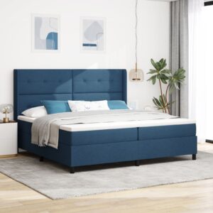 Pat cu saltea și LED albastru 200x200 cm din țesătură