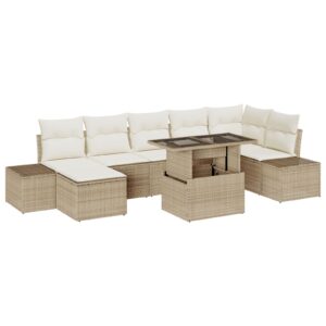 Set de canapea  pentru grădină Set de 8 Bej Ratan, Poliester, Sticlă