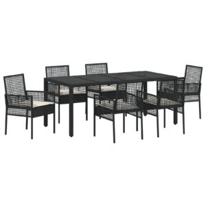 Set de dining pentru grădină, 7 piese, cu perne, rattan negru