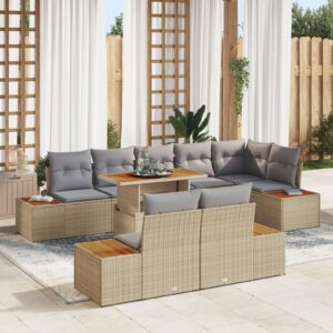 Set de sofa de grădină  Set de 9 Bej, Gri Ratan, Poliester