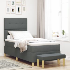 Pat Box Spring cu Saltea și Bancă Gri Întunecat 90x190 cm Țesătură