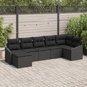 Set de canapea de grădină  Set de 7 Negru Ratan, Poliester