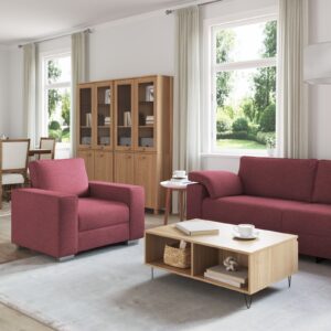 Set de canapele 3 piese cu perne, roșu vin, din material textil