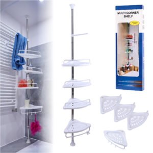 Organizator baie, raft de baie de tip "coltar" cu brat telescopic, cu 4 etajere si suport pentru prosop