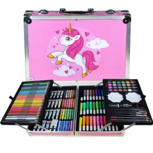 Set 145 piese pentru pictura, pentru copii sau adulti, pixuri de colorat, creioane colorate si vopsele de pictura, cu geanta de transport ROZ UNICORN, model AVX-WT-MONETE145