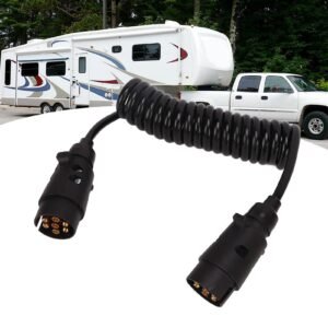 Cablu electric spiralat pentru remorca sau rulota cu 2 mufe Tata/Tata cu 7 pini, lungime 2.5m, culoare Neagra