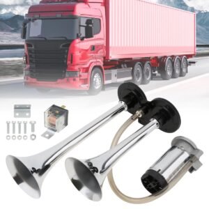 Claxon bitonal cu 2 goarne, Super Puternic, 178db, alimentare 12V cu compresor electric inclus, culoare Crom/Negru