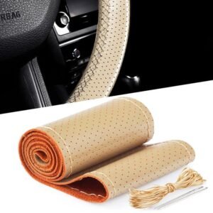 Husa volan din PIELE BEJ + ATA BEJ, diametru 37 - 39 cm (se coase, aspect ORIGINAL)