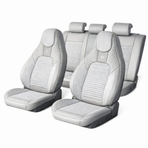 Set huse scaune auto Premium, model BLAZE Luxor, design Sportiv, universale, ergonomice, Piele Ecologica cu insertii textile, culoare Crem/Gri