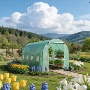 Solar de gradina, dimensiune 400x300x200cm, folie verde PE cu plasa 140g/mp UV, 1 usa, 8 ferestre, teava otel galvanizat de 19mm