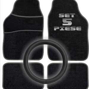Set Auto Essential AVEX – 5 piese, Covorase Universale Mocheta + Husa Volan Piele Ecologica Perforata, Negru